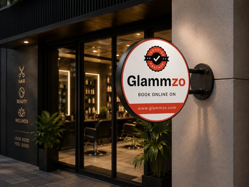 Glammzo certified partner flange sign on a salon storefront