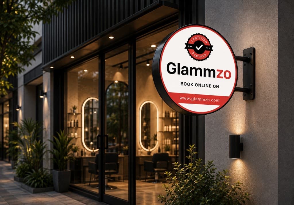 Glammzo Book Online flange sign outside a salon