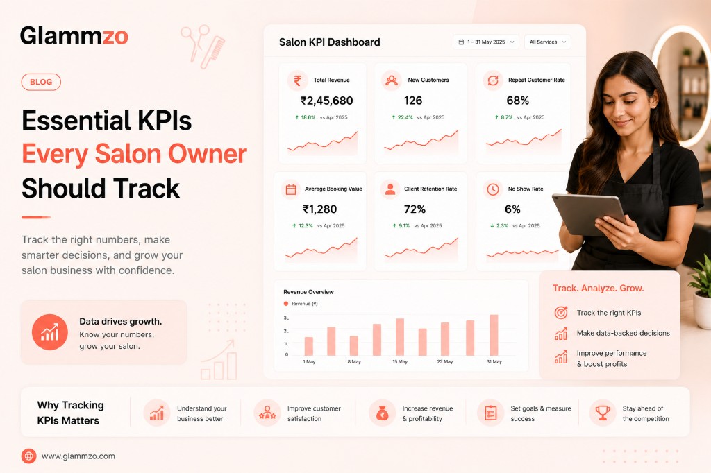 Essential KPIs every salon owner should track including revenue, retention, booking value, and no-show rate on a Glammzo dashboard