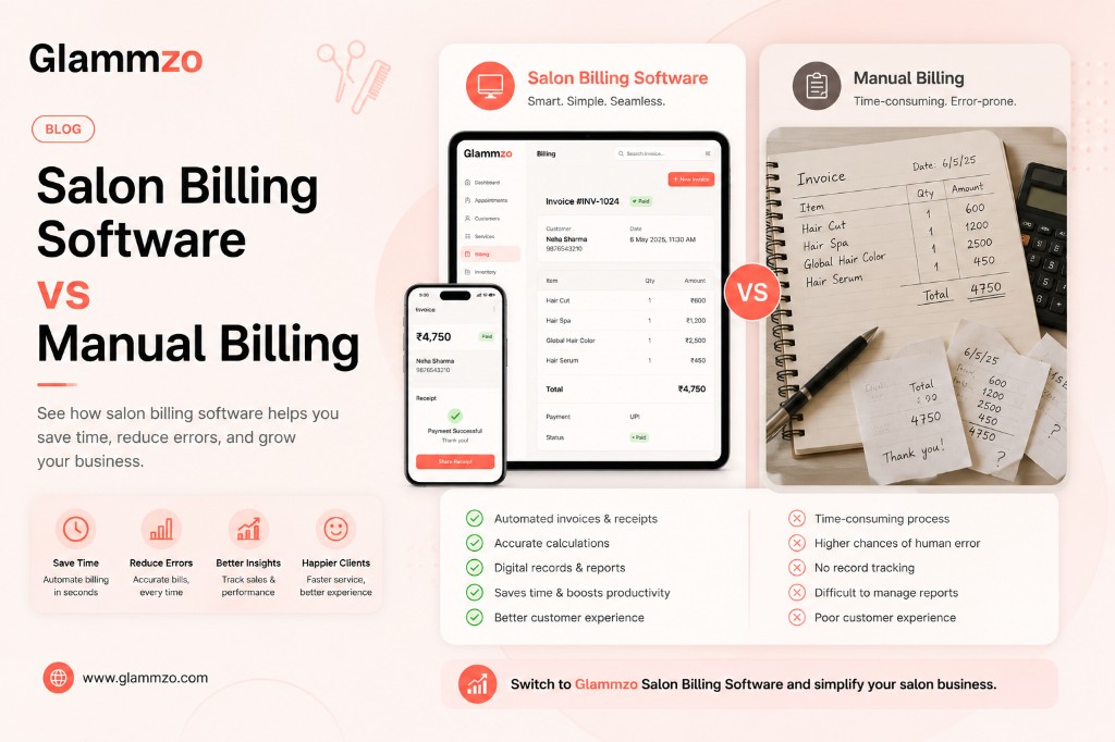 Salon billing software vs manual billing comparison showing digital invoices, faster payments, and fewer errors with Glammzo