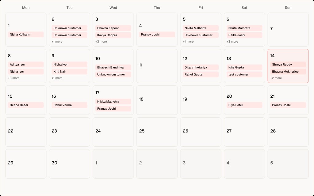 Glammzo appointments calendar showing monthly bookings with customer names and daily schedule