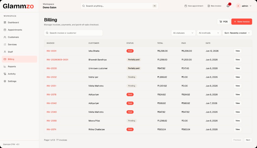 Glammzo billing page showing invoice list with payment status, totals, and customer details