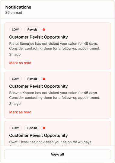 Glammzo notifications panel showing customer revisit reminders and unread alerts