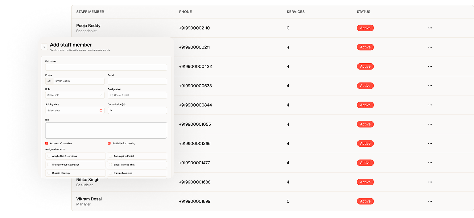 Glammzo staff management showing team list and add staff member form with roles and service assignments